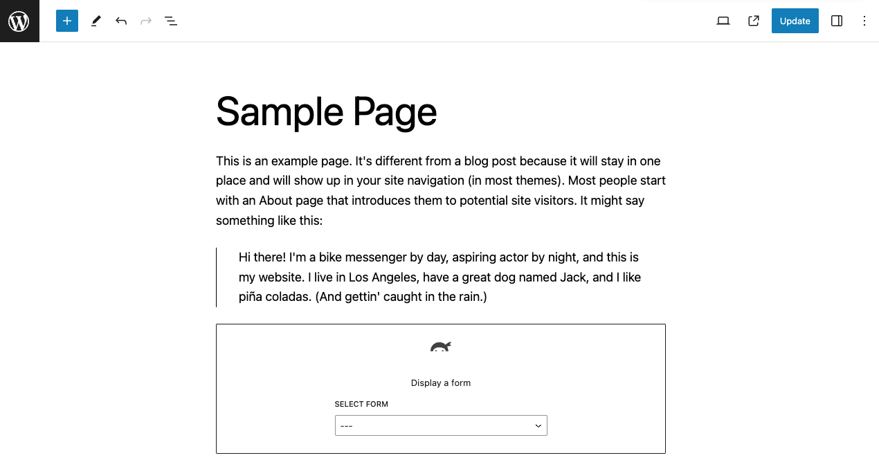 image of a wordpress page with the Ninja Forms block added. A form has not been selected yet, so the block displays a form selection dropdown